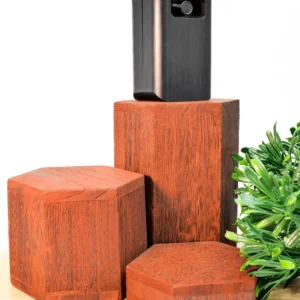 Appareil électronique compact noir TRACKD posé sur des socles en bois hexagonaux avec une plante verte.